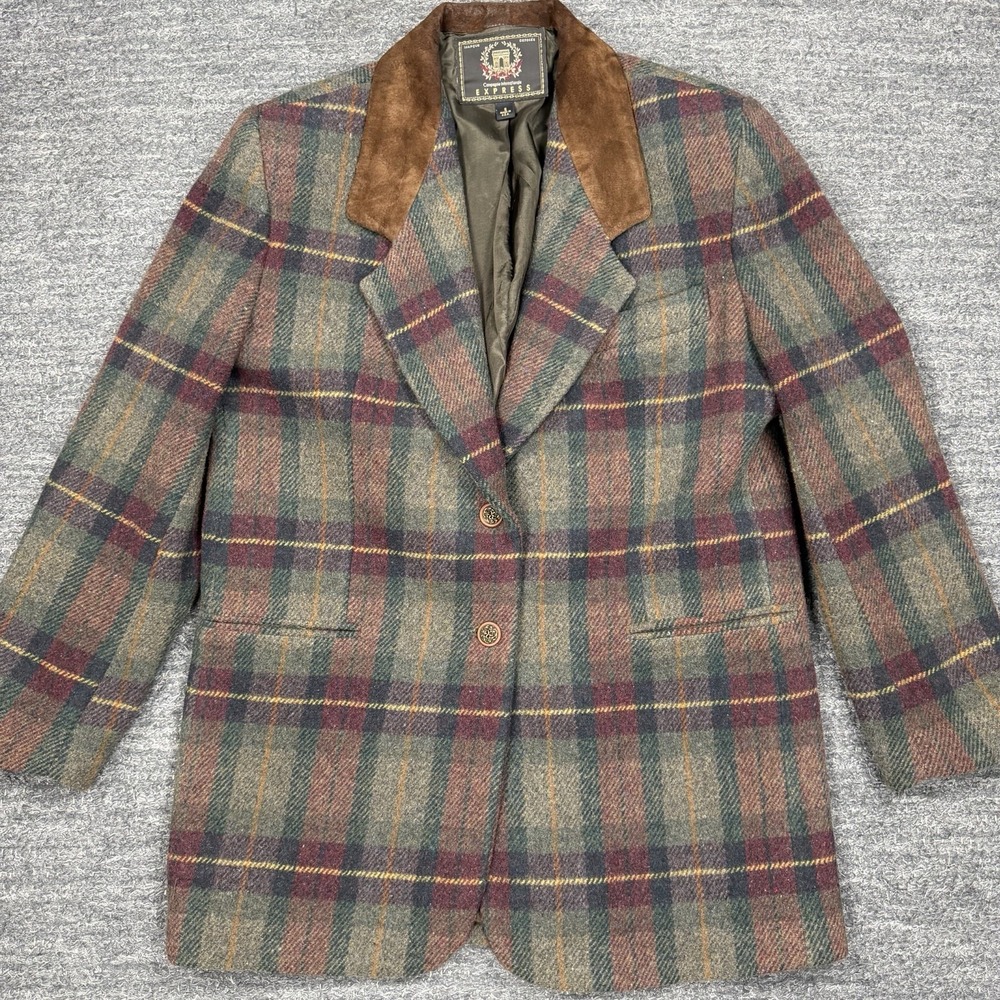 Vintage Express Blazer Women Small Plaid Oversized Leather Collar Preppy USA 90s